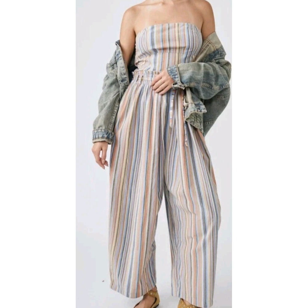 Free People‎ Effortless Summer Smocked Jumpsuit XS Blue Striped Wide Leg Boho